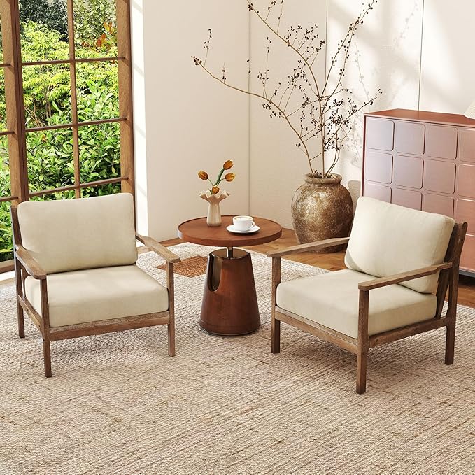 Giantex Mid Century Modern Accent Chair, Wooden Arm Chair w/Solid Wood Frame, Removable Seat Cushion & Pillow, Vintage Comfy Reading Chair for Living Room, Bedroom, Study