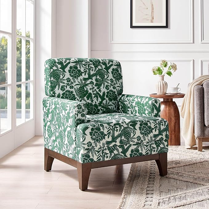Floral Accent Armchair, Retro Wingback Upholstered Armchair with Wide Dipped Back Design and Wooden Legs, High Back Armchair, Leisure Single Sofa Chair for Living Room, Bedroom, Balcony, Green