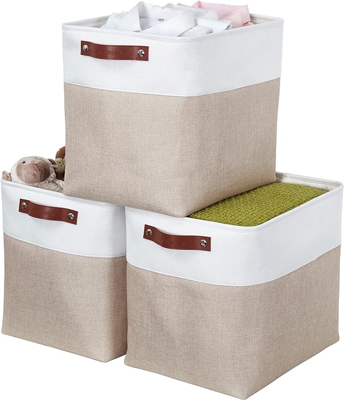 DECOMOMO Extra Large Storage Baskets 54.5L Fabric Storage Bins for Organizing Linen Closet, Toys, Nursery (Beige and White, XXXL - 3 pack)
