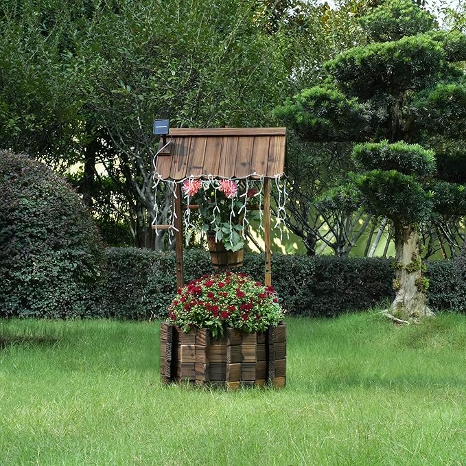 Garden Wooden Decor Rustic Wishing Well with Light Planter Outdoor Home Décor for Patio, Upgrade Wishing Well Garden, Yard Hanging Bucket Patio Lawn Backyard Home Decor