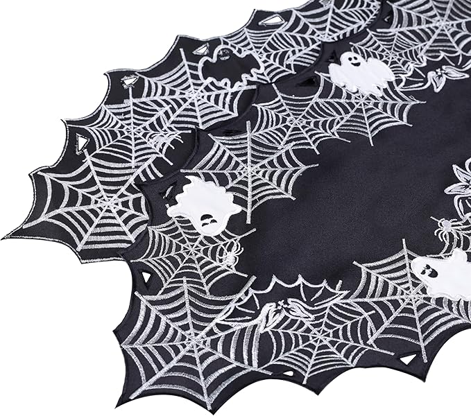 Chlophy Halloween Table Runner Black Spider Web Table Runner Gothic Embroidered for Kitchen Dining Halloween Décor Home Party Table Decoration 54in