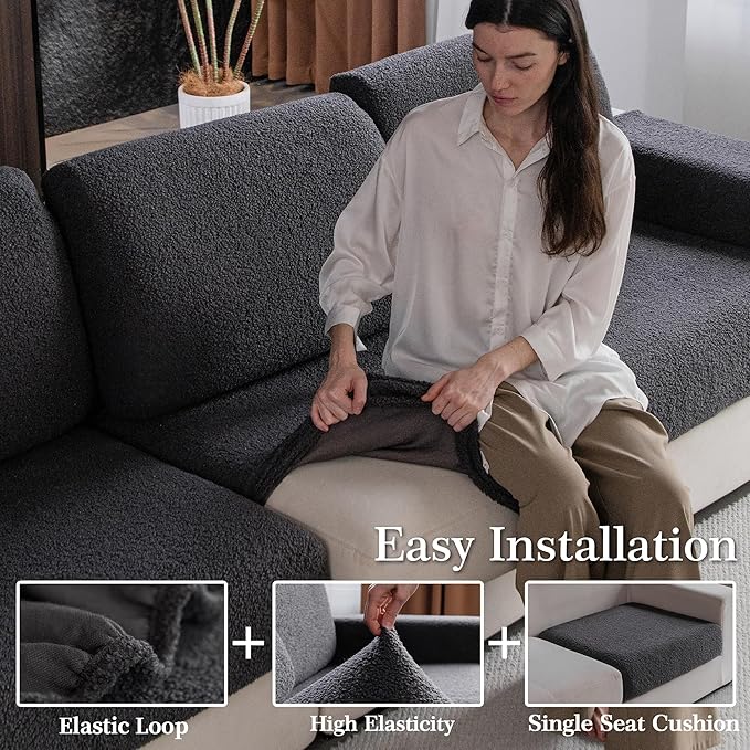 Couch Cushion Covers for Sectional Sofa, Stretch Soft Sofa Slipcovers Washable Wear-Resistant Universal Furniture Protector for Living Room(3 Seaters Covers+1 Chaise Cover, Dark Gray)