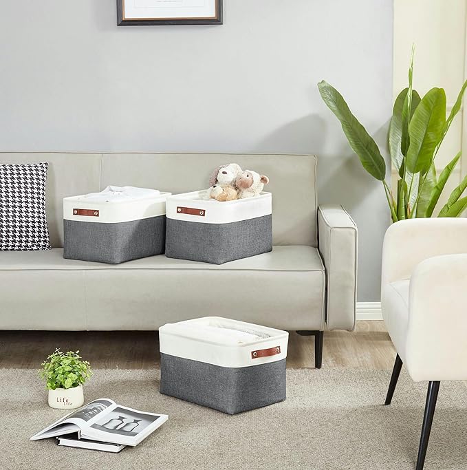 DECOMOMO Storage Bins Fabric Storage Baskets for Shelves, Linen Closet Organization Toys Nursery (Slate Grey and White, Large - 4 Pack)