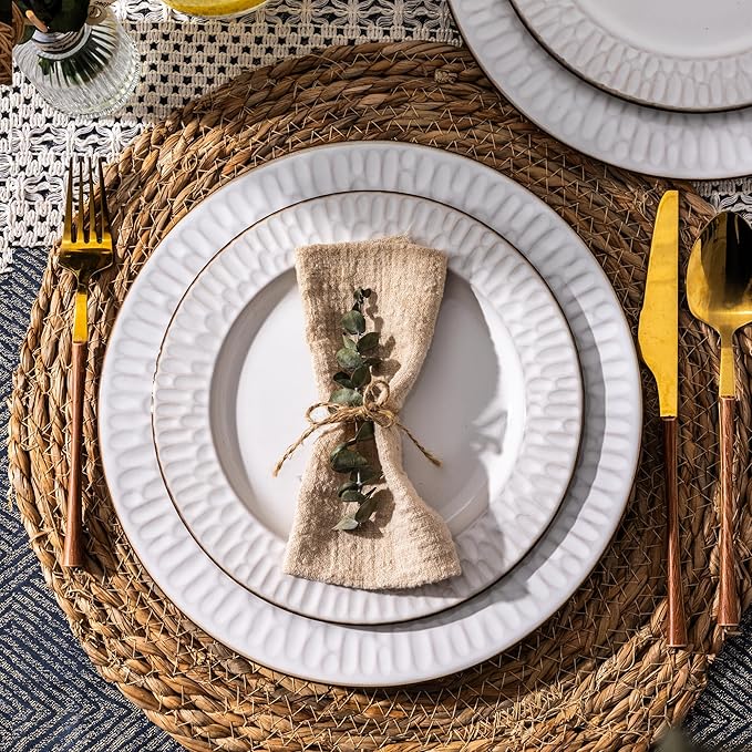 GBHOME Ceramic Dinnerware Sets,12 pcs Embossed Elegant Stoneware Plates and Bowls Sets, Housewarming Wedding Gift | Dishwasher & Microwave Safe | Dishes Set Service for 4