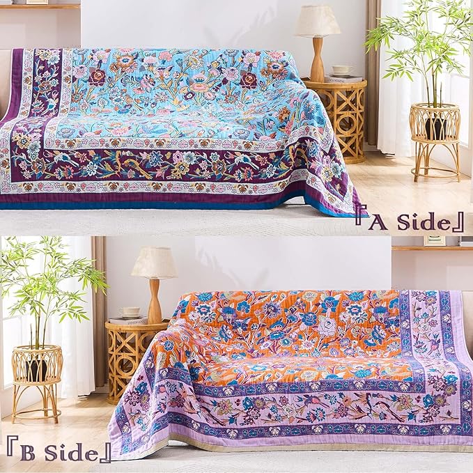 Fall Blanket for Bed, 100% Cotton Soft Rustic Boho Throw Blanket Quilt, 60"x80" Farmhouse Decor Bed Flower Blankets, Light Weight Reversible Bohemian Throw Quilt