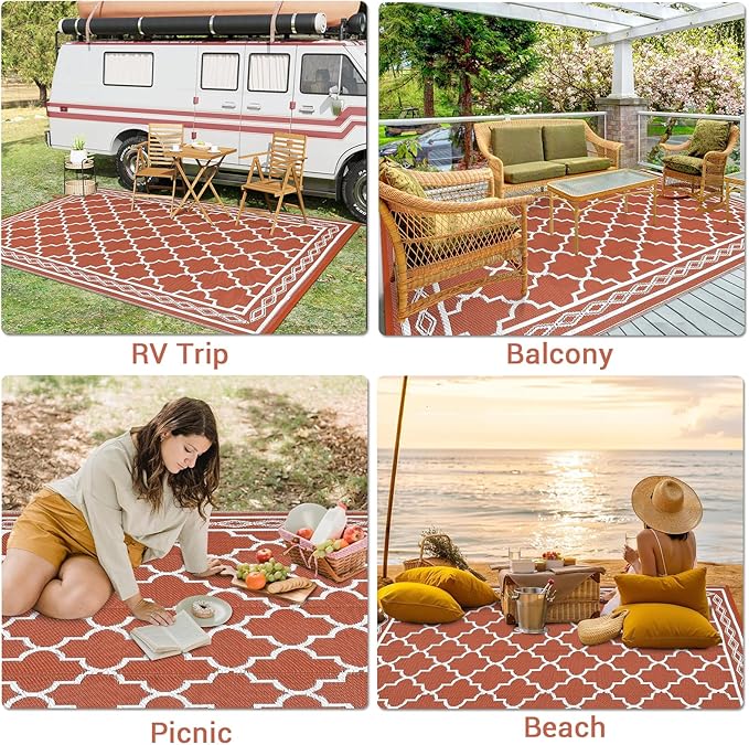 GAOMON Outdoor Rug Waterproof 8'x10', Reversible Outdoor Plastic Straw Rug, Boho Patio Rug, Indoor Outdoor Carpet, RV Mat Outside for Patio, Camp, Picnic, Balcony, Deck, Orange/White(Geometric)
