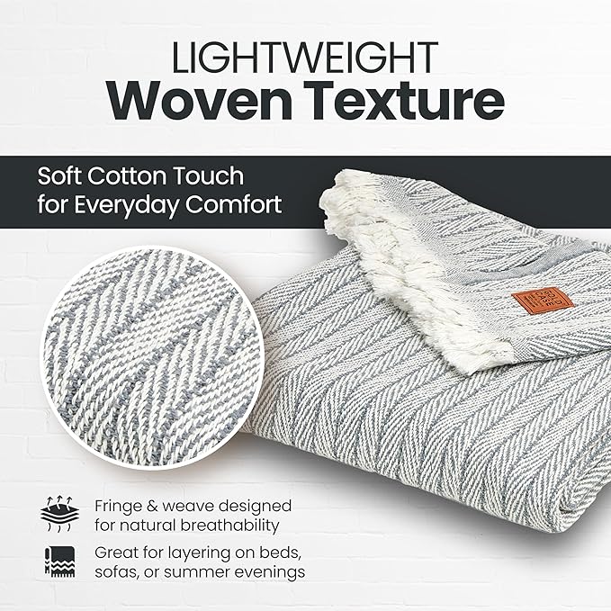 Gold Case Throw Blanket for Couch – 100% Recycled Turkish Cotton Blankets & Throws – Elegant Decorative Throw Blankets for Living Room Sofa – Woven Throws for Couch – Vintage Grey– 60x80