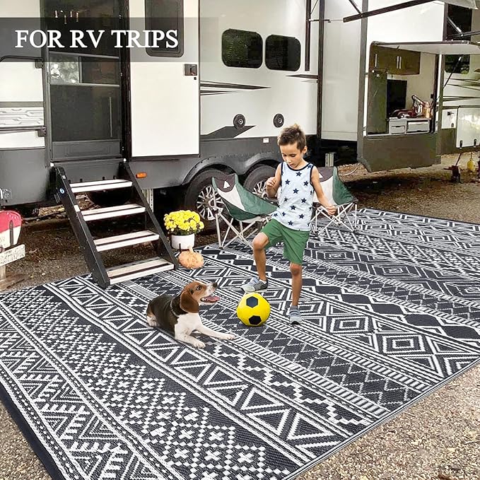 GAOMON Outdoor Rug Waterproof 8'x10', Reversible Outdoor Plastic Straw Rug, Boho Patio Rug, Indoor Outdoor Carpet, RV Mat Outside for Patio, Camp, Picnic, Balcony, Deck, Grey/White(Bohemia)
