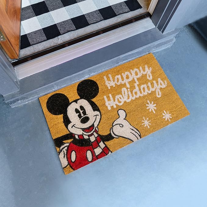 Gertmenian Disney Mouse Doormat Rug Retro Front Door Coir Mat Welcome Home Indoor Outdoor Entryway Carpet, 2-Pack 20x34, Mickey Happy Holidays/Snowflakes