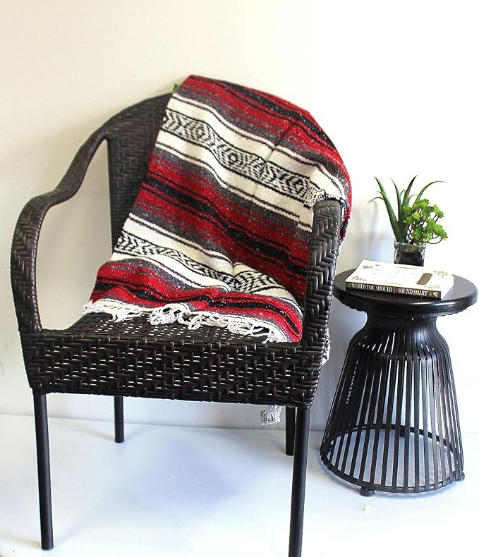 Del Mex Classic Mexican Blanket, Large Authentic Woven Falsa Throw (70"x50"), Artisan Southwest Décor for Beach, Yoga, Outdoors (Red)