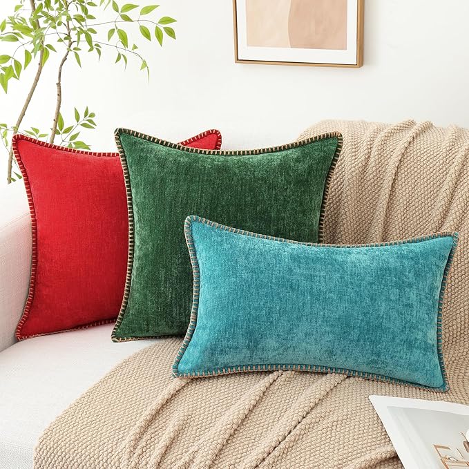 decorUhome Chenille Soft Throw Pillow Covers 24x24 Set of 2, Farmhouse Velvet Neutral Decorative Euro Pillow Covers with Stitched Edge for Couch Sofa Bed Home Decor, Turquoise