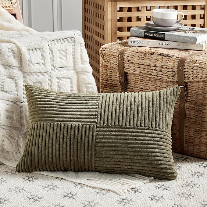 Fancy Homi 2 Packs Olive Green Lumbar Decorative Throw Pillow Covers 12x20 Inch for Living Room Couch Bed, Farmhouse Boho Home Decor, Soft Striped Corduroy Rectangle Accent Cushion Case 30x50 cm