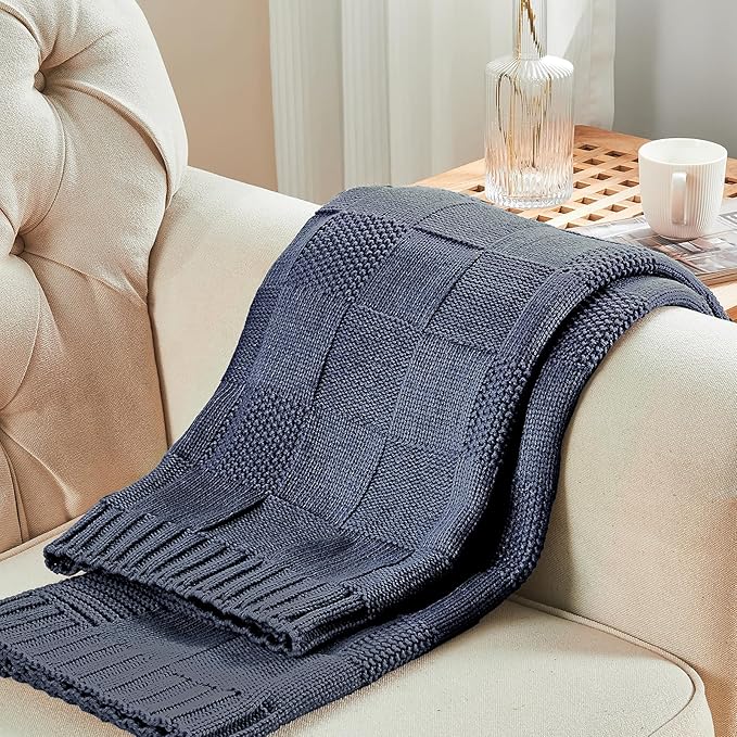 CozeCube Check Knit Throw Blanket, Steel Blue Checkered Throw for Couch, Decorative Christmas Soft Cozy Warm Knitted Blanket for Bed Sofa Living Room, 60"X80"