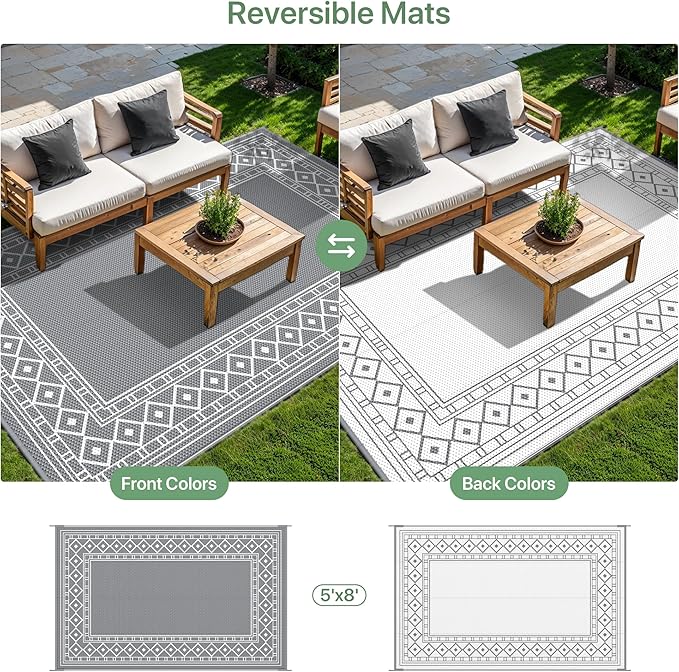 GENIMO Outdoor Rug Waterproof for Patio Decor, 5'x8' Reversible Plastic Straw Area Carpet, Camping Outside Mat for Outdoor, RV, Deck, Camper, Balcony,Picnic Grey & White