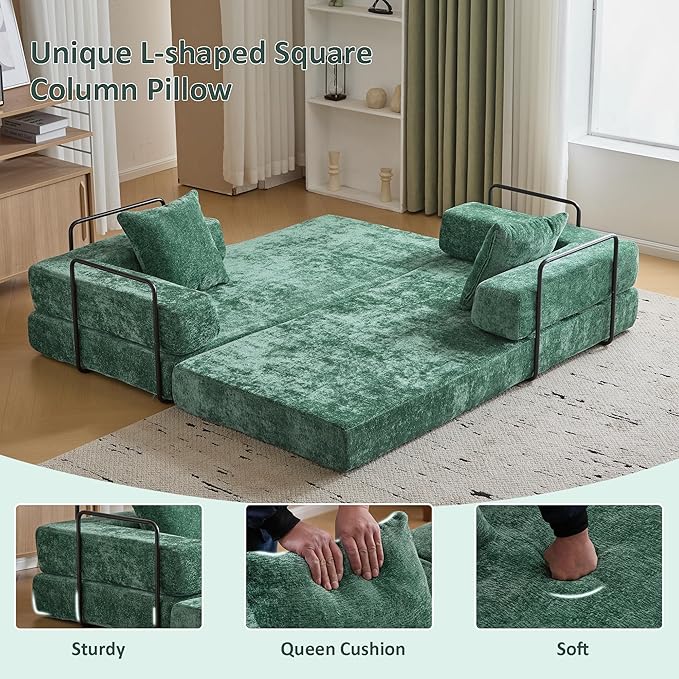 Convertible Sleeper Sofa Bed, Compression Folding Sofa with Pillow, No Assembly Required, Shape Frame, Floor Sofas Lounge Couch for Living Room, Bedroom, Small Spaces(Chenille, 77''W, Dark Green)
