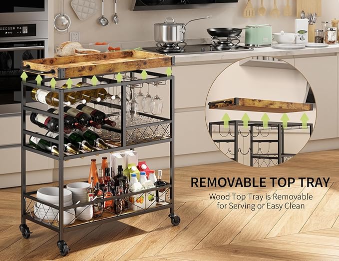 Gizoon Bar Cart, 3 Tier Coffee Cart with Lockable Wheels, 12-Bottle Wine Rack, and Hanging Glass Holder, Kitchen Rack with Removable Tray, for Kitchen, Dining Room, Entertaining, Club Party,Retro