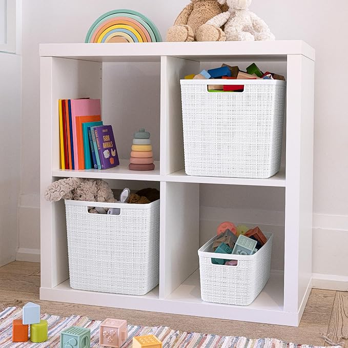 Curver Jute Decorative Plastic Organization and Storage Basket Perfect Bins for Home Office, Closet Shelves, Kitchen Pantry and All Bedroom Essentials, White, Large Cube, Set of 4