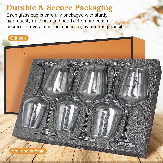 Clear Wine Glasses Set of 6-14oz Long Stem Wine Glass, Pretty Crystal Glassware, Hand Blown Goblets Drinkware, Unique Stemware Wine Glass Holiday Gift Set