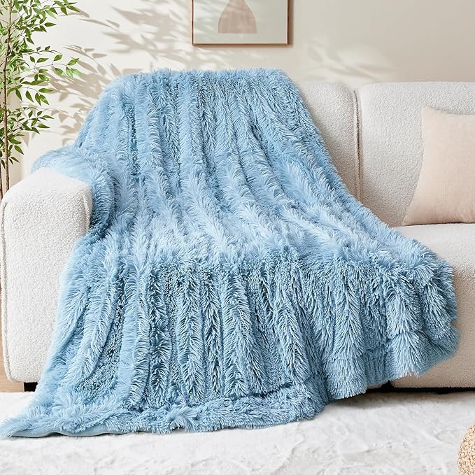 GONAAP Fuzzy Faux Fur Throw Blanket Twin Size Light Blue Super Soft Cozy Plush Fuzzy Shaggy Blanket for Couch Sofa Bed (Light Blue, Twin(60"x80"))