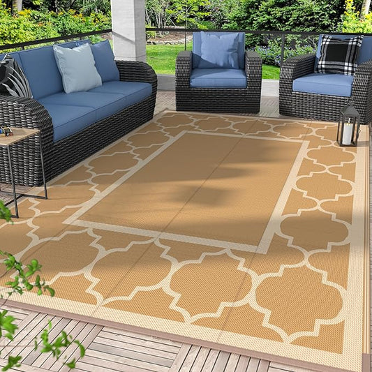 GENIMO 9' x 12' Outdoor Rug for Patio Clearance, Waterproof Indoor Outdoor Plastic Straw Rugs Carpet, Reversible Outside Area Rv Mat for Camping, Balcony Porch, Deck, Picnic, Beach (Brown & Beige)
