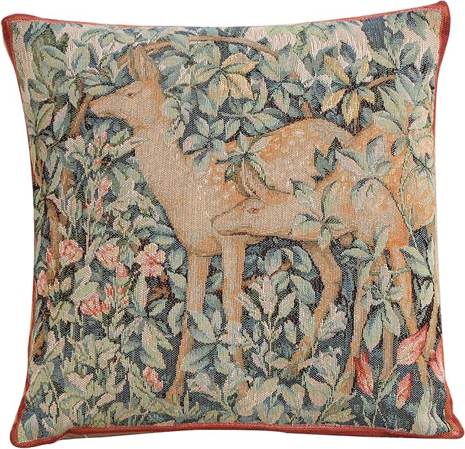 Charlotte Home Furnishings Decorative Tapestry Pillow Cover 14x14 in, Green Two Does Couch Throw Pillow Cover, French Country Square Cushion Cases for Bed Room Home Decor, Soft Cotton Jacquard Woven