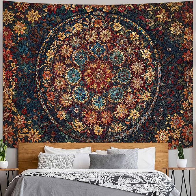 Fowocu Boho Floral Mandala Tapestry Wall Hanging Vintage Bohemian Flower Medallion Tapestry Aesthetic Orange Stained Glass Hippie Extra Large Tapestries for Bedroom Living Room Dorm Decor 90 x 68 Inch