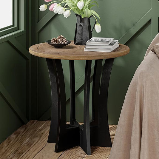 Farmhouse Round End Table with Criss-Cross Wood Legs, Rustic French Country Side Table for Dinning or Living Room, Modern, Black, Natural Wood