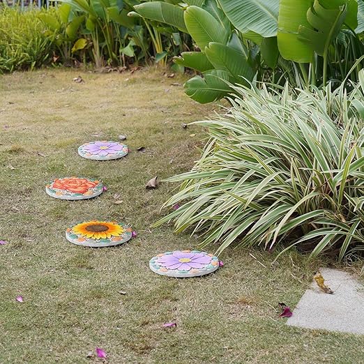 Decorative Rose Garden Stepping Stone - Stepping Stones Outdoor with Colorful Pebble Border, 10x10 inches