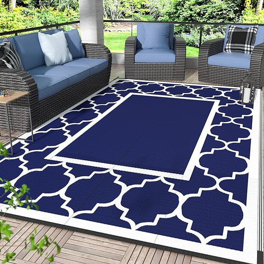 GENIMO 6' x 9' Outdoor Rug Waterproof for Patio Fall Decor, Foldable Reversible Plastic Straw Area Rugs Mat for Camper, Outside Carpet for Rv, Deck, Porch, Picnic, Beach, Balcony, Blue & Grey