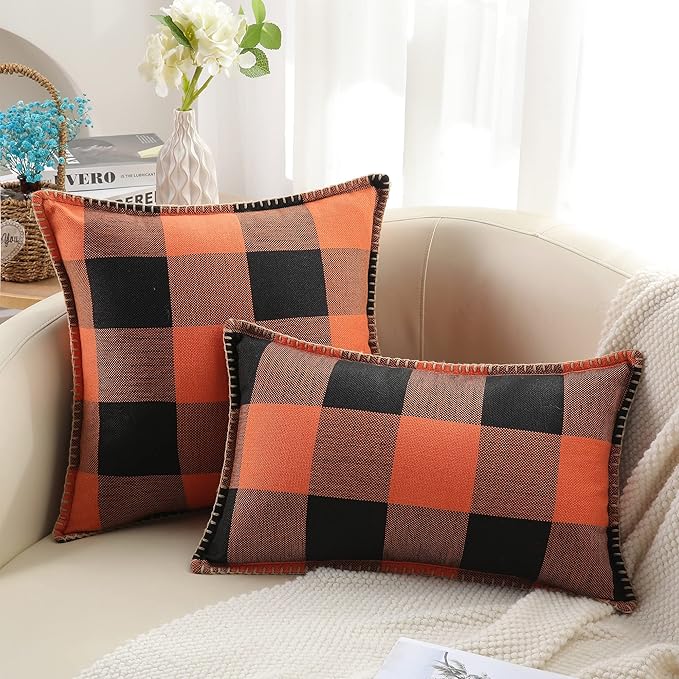 decorUhome Fall Orange and Black Decorative Throw Pillow Covers 22x22 Set of 2, Buffalo Plaid Check Farmhouse Cushion Covers with Stitched Edge for Autumn Harvest Couch Sofa Bed Home Decor