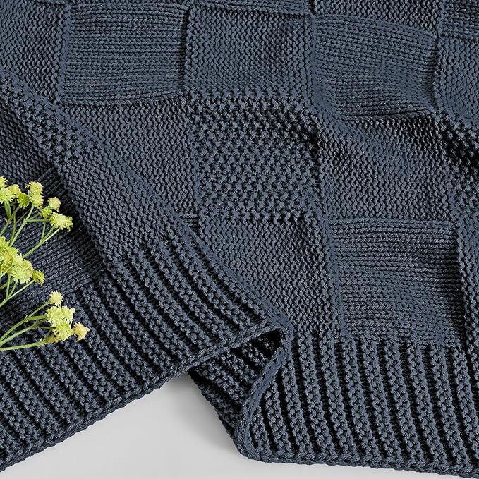 CozeCube Check Knit Throw Blanket, Midnight Navy Checkered Throw for Couch, Decorative Christmas Soft Cozy Warm Knitted Blanket for Bed Sofa Living Room, 60"X80"