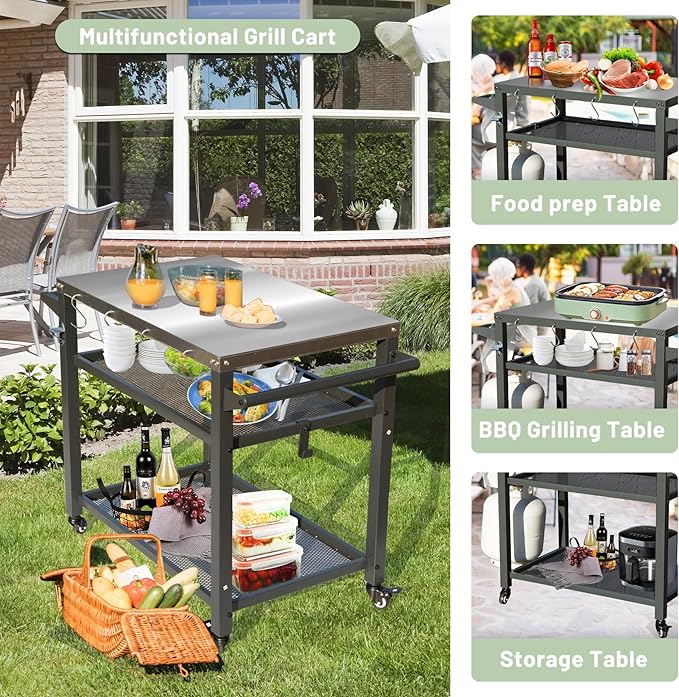 Domi 3-Shelf Outdoor Grill Table, Grill Cart with Wheels, Outdoor Pizza Oven and Food Prep Table, Blackstone with Stainless Steel Tabletop, BBQ Stand for Blackstone Griddle for Outside BBQ