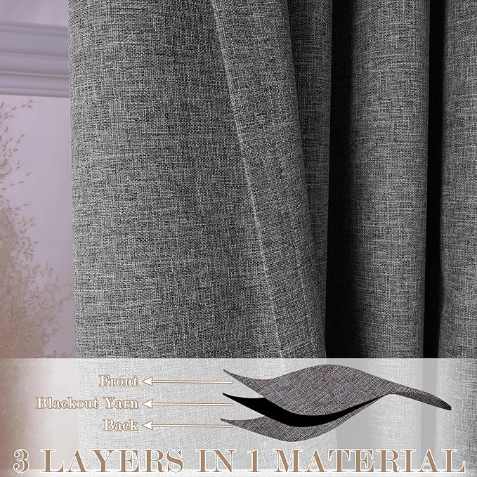 100% Blackout Linen Textured Drapes for Bedroom Pinch Pleated Curtains for Track System Portable Drapery for Sliding Glass Door/Storage/Space Room Divider, 70" Wx102 L, 1 PC, Natural Grey