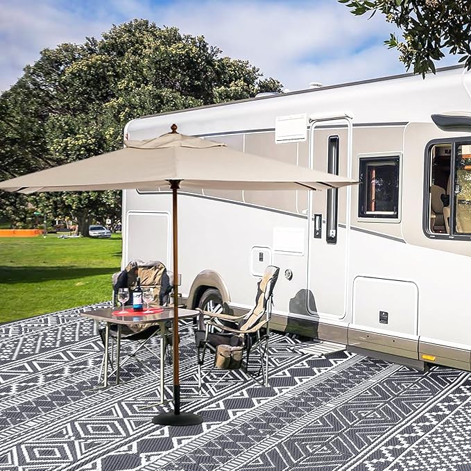 GAOMON Outdoor Rug 9'x12' Waterproof Rug for Patio Decor, Foldable Reversible Plastic Straw Area Rugs Mat for Camper, Outside Carpet for Deck, Porch, Picnic, Beach, Grey/White(Bohemia)