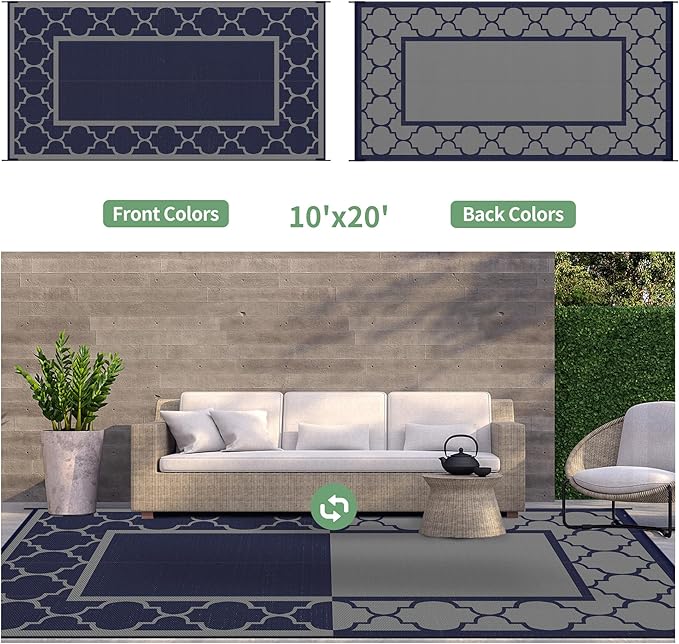 GENIMO 10 'x20 ' Outdoor Rug for Patio Clearance, Waterproof Indoor Outdoor Plastic Straw Rugs Carpet, Reversible Outside Area Rv Mat for Camping, Balcony Porch, Deck, Picnic, Beach (Blue & Grey)