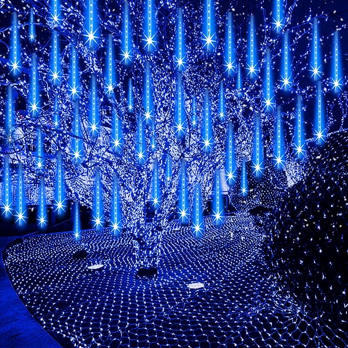 Christmas Lights Outdoor Meteor Shower Lights 24-Tube 576LEDs Snow Falling Rain Cascading Icicle Light for Xmas Tree Christmas Decorations Wedding Party Holiday Garden Decor, UL Plug Blue