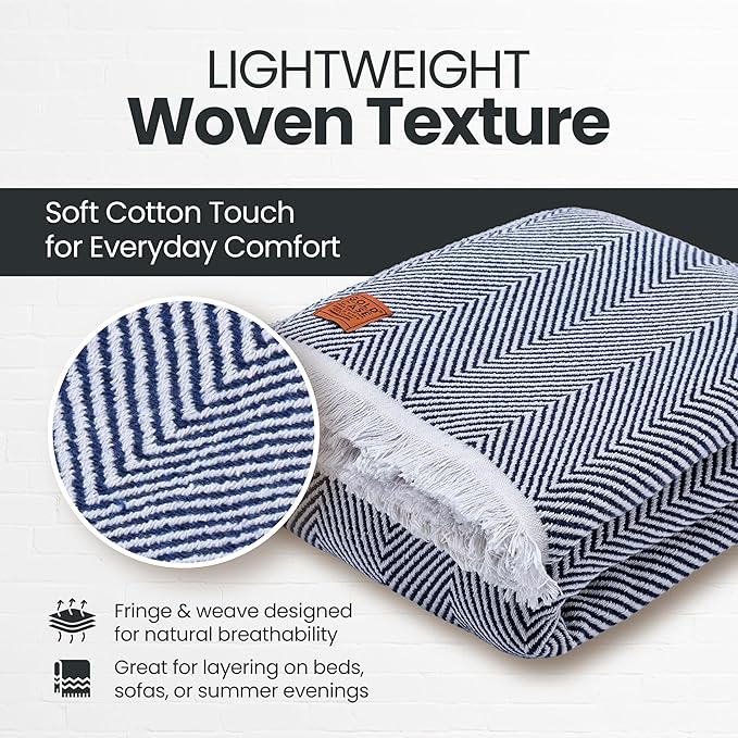 Gold Case Throw Blanket for Bed – 100% Recycled Turkish Cotton Bed Blanket – Decorative Throw Cotton Blankets for Living Room & Bedroom – Elegant Navy Blue Woven Queen Blankets – 90x90