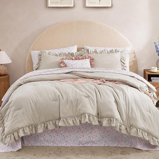 Full Comforter Set - 7 Pieces Ruffle Beige Bedding Sets, Shabby Chic Farmhouse Bed in a Bag Full with Ruffle Comforter, Floral Sheets, Pillowcases & Shams