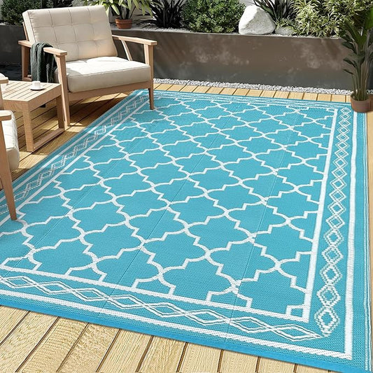 GAOMON Reversible Outdoor Rug 9'x18' Waterproof Plastic Straw Rug, Patio Rug, Large Modern Area Rug Carpet, Indoor Outdoor Rugs for Camping, Porch, Deck, Balcony, Backyard, Teal/White(Geometric)