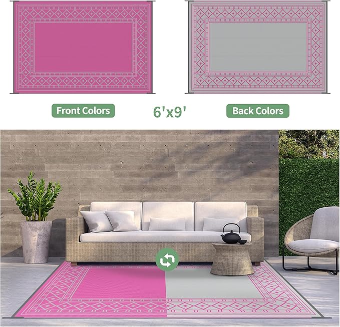 GENIMO Outdoor Rug Waterproof 6'x9' for Patio, Foldable Reversible Plastic Straw Carpet for Travel Trailers, Outside Area Mat for Rv, Deck, Picnic, Porch, Camper, Balcony, Beach, Pink & Grey