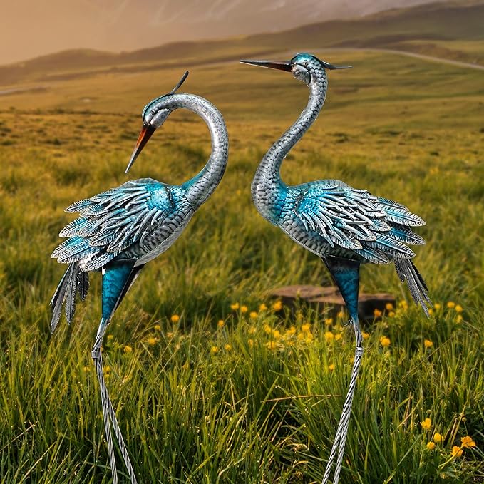 Crane Decor Statues, Blue Heron Garden Statues Metal Yard Art Outdoor Decoy, Garden Sculptures for Yard/Lawn/Pond/Outdoor Decoration, Set of 2