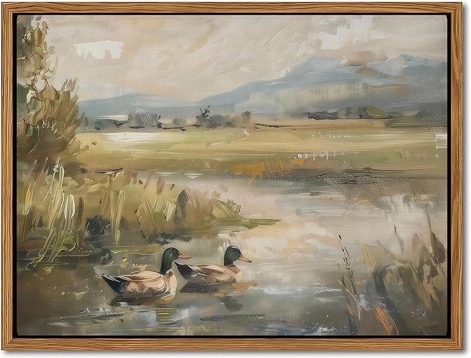 Floating Framed Canvas Wall Art, Vintage Mallard Duck Oil Paintings Print, Countryside Art Wildlife Nature Pond Wall Decor for Living Room, Bedroom, Office, Rustic Decor 16x24 inch