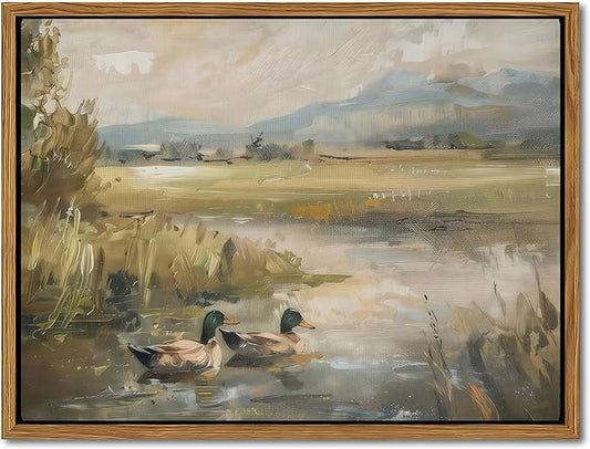 Floating Framed Canvas Wall Art, Vintage Mallard Duck Oil Paintings Print, Countryside Art Wildlife Nature Pond Wall Decor for Living Room, Bedroom, Office, Rustic Decor 8x10 inch