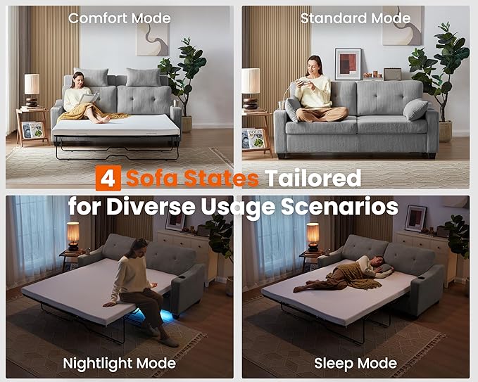 CHIC HOUSE Pull Out Sofa Bed, Full Size Sleeper Sofa, 2-in-1 Convertible Corduroy Couch with USB Charging, Memory Form Couch for Living Room, Apartment and Small Space (Grey, Corduroy - Queen Size)