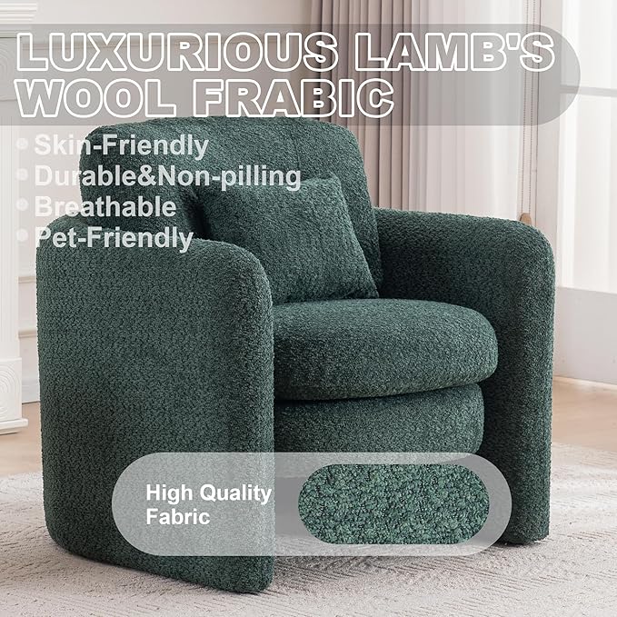 Chenille Accent Armchair Oversize Upholstered Barrel Comfy Modern Round Lounge Sofa Chair with Pillow Cozy Reading Chairs for Apartment,Office,Living Room,Dining,Makeup,Club,Green 2SET