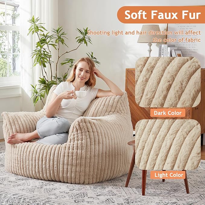 Giant Bean Bag Chairs for Adults with Filling Plush Fluffy Bean Bag Chairs for Teens with Armrests Comfy BeanBag Lazy Couch Sofa Chair for Bedroom Living Room Reading
