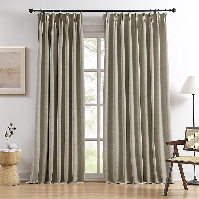 102 Inch Long Blackout Linen Blend Curtains 2 Panels,70 Wide Back Tab Pinch Pleated Look Window Drapes with Hooks,Track System Curtain Panels for Sliding Door Modern Farmhouse 70x102 Light Taupe