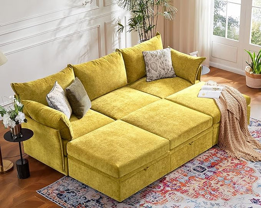 102.6" Luxury Modular Sleeper Sofa Bed 6 Seat Reversible Sectional Couch Deep Seat with Storage Chaises Removable Cover for Living Room, Apartment - Chenille Yellow