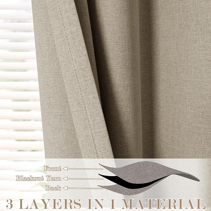100% Blackout Linen Textured Drapes for Bedroom Pinch Pleated Curtains for Track System Portable Drapery for Sliding Glass Door/Storage/Space Room Divider, 70" Wx84 L, 1 PC, Light Khaki
