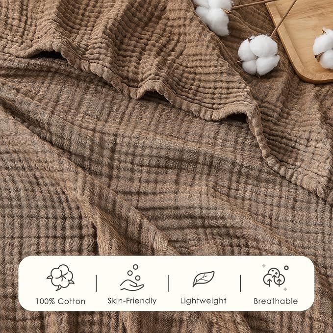 EMME Cotton Muslin Queen Blanket Bed Layering Breathable Gauze Blanket Soft Lightweight Blankets Adults (Brown, 90"x90")